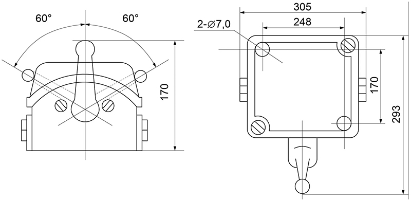 Установочные и габаритные размеры рубильника QS5-100P/4